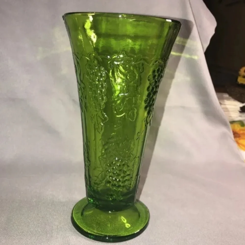 Vintage Indiana Glass Green Tall Vase with Raised Grape Pattern